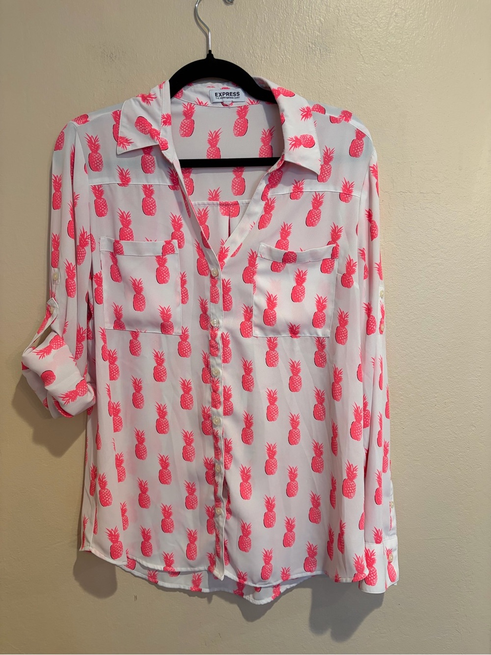 Express Neon Pink Pineapple Button-Up Slinky Blouse, w/ Chest Pockets, Tropical